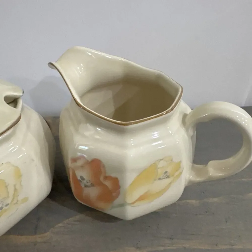 MIKASA Dutch Garden Cream and Covered Sugar Set- Orange/Yellow Flowers MINT